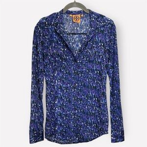 Tory Burch Long Sleeve Silk Blue and Purple Pattern Utility Button Down Top- XS